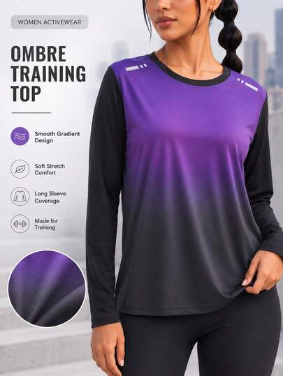 Women Ombre Long Sleeve Training Top Crew Neck Purple Black Gradient Athletic Shirt For Gym Workout And Casual Sports