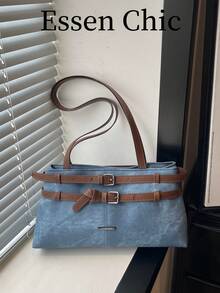 1pc Blue Large Capacity Contrast Color PU Tote Bag Women's Shoulder Bag - Blue - View 2