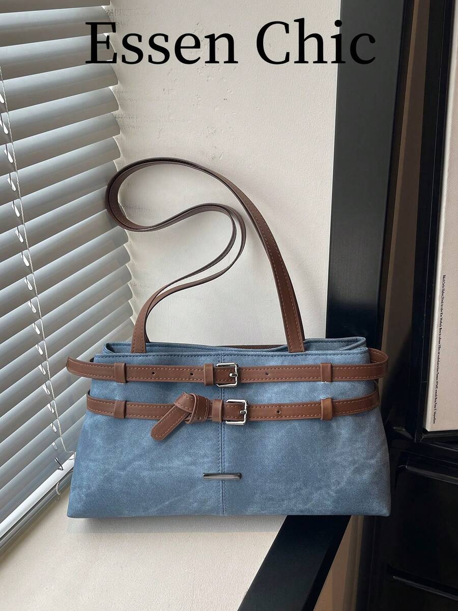 1pc Blue Large Capacity Contrast Color PU Tote Bag Women's Shoulder Bag