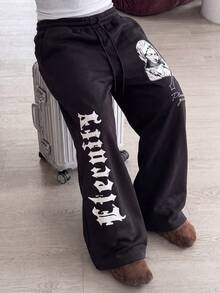 MAISONFOX Men's Black Loose Drawstring Wide Leg Sweatpants, Vertical Gothic Letter & Vintage Portrait Print, Pockets Streetwear Long Pants - Black - View 6