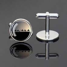 1 Pair Desert Camel Pattern Men's Formal Glass Inlaid Cufflinks, Elegant Round Design, Exquisite Jewelry Accessory Gift - Silver - View 6