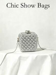 Women Evening Clutches,Mini Square Hard Box Crossbody Bag, Minimal Sparkly Luxury Style, For Club Cocktail Party Night Out Ladies All Seasons - Silver - View 2