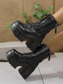 Women's Chunky High Heel Boots With Side Zipper And Lace-Up, Thick Sole Height-Increasing Short Work Boots, Sweet Cool Style For Petite - Black - View 15