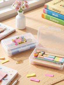 1pc Personalized Custom Name Clear Plastic Pencil Box, Cute Cartoon Print Stationery Storage Case, Stackable Transparent Pen Organizer, Back To School Gift For School Supplies - Multicolor - View 3