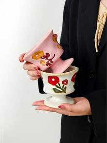 1pc Handmade Vintage Floral Ceramic Mug, Asymmetrical Small Flower Coffee & Dessert Cup - Multicolor - View 3