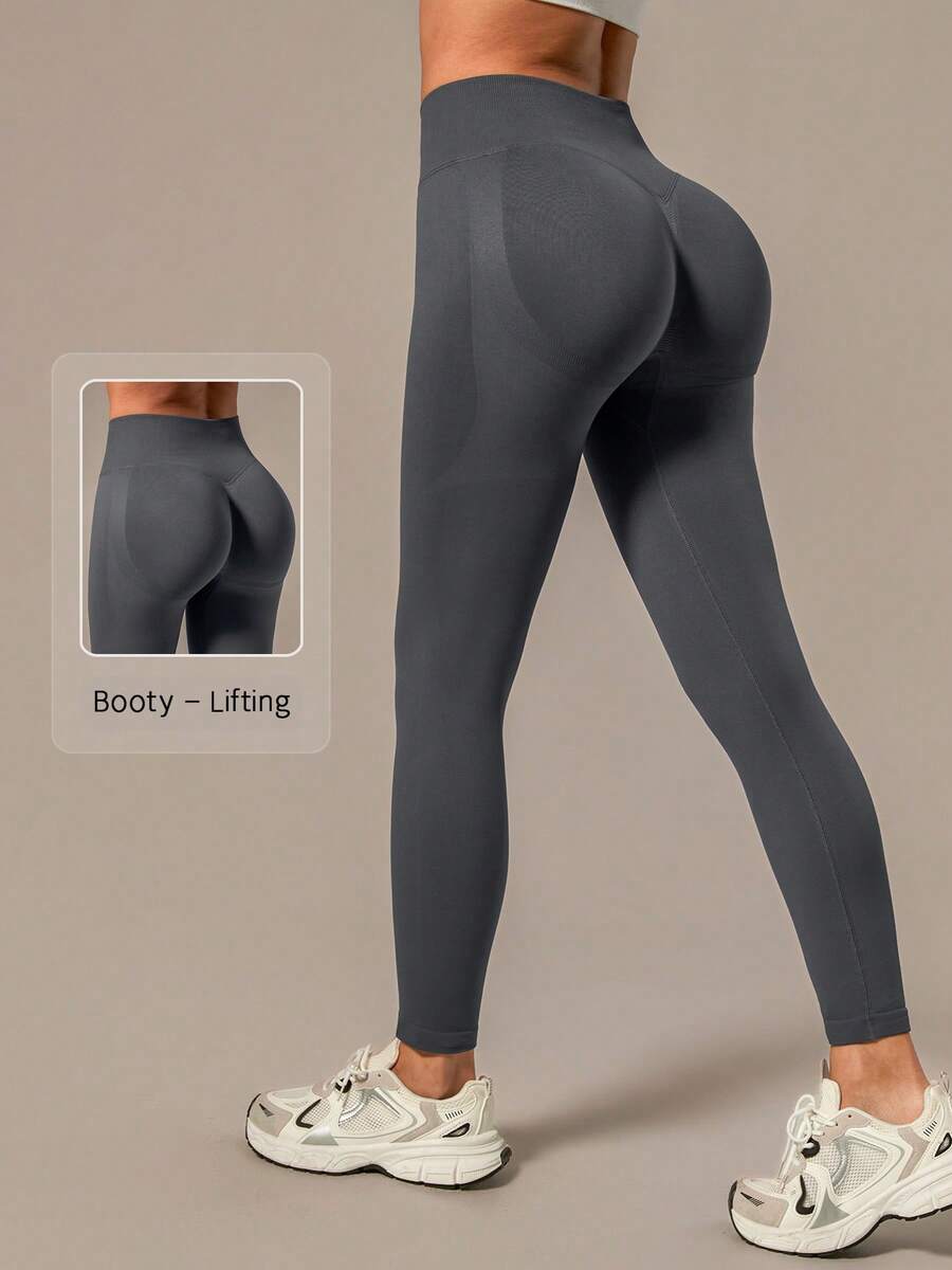 NcmRyu Women's Ono Pc Seamless Ribbed Solid Color High Waist Elastic Slim Fit Leggings Spring - Dark Grey - View 1