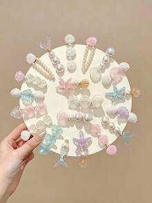 5pcs Women's Blue Starfish Shell Mermaid Tail Side Clips Ocean Vacation Hair Clips Alligator Hair Clips Mermaid Princess Iridescent Pearl Romantic Side Clips Suitable For Daily Use - Blue - View 2