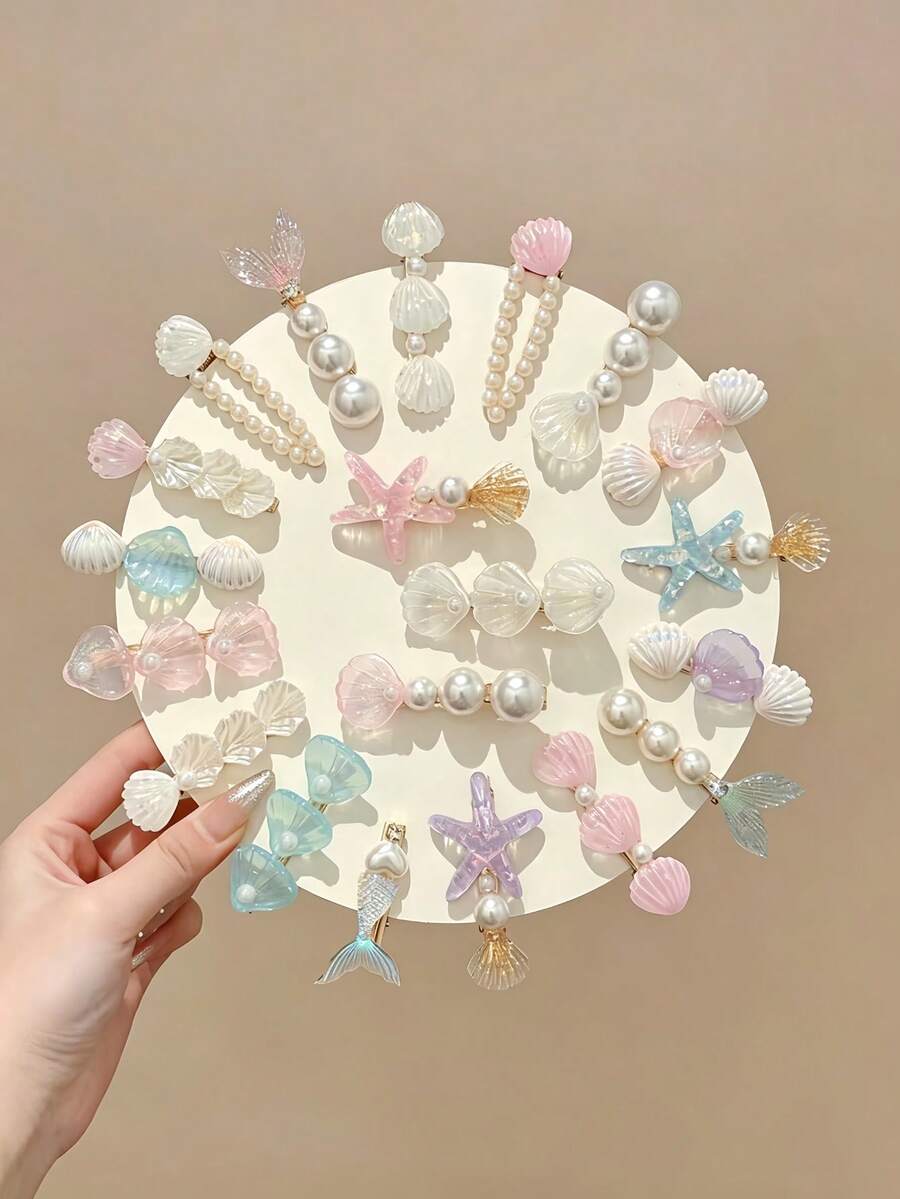 5pcs Women's Blue Starfish Shell Mermaid Tail Side Clips Ocean Vacation Hair Clips Alligator Hair Clips Mermaid Princess Iridescent Pearl Romantic Side Clips Suitable For Daily Use - Blue - View 1