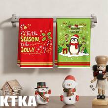 2PCS Christmas Penguin Kitchen Towels, Red Green Tis The Season Candy Cane Holly Print Dish Towels, Xmas Holiday Decor Hand Tea Towels For Kitchen Home - Multicolor - View 2