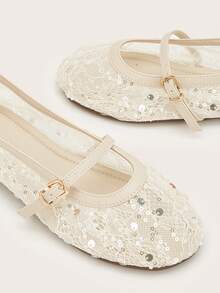 Women's Blue Shiny Lace Mesh Ballet Buckle Flat Sandals - White - View 3