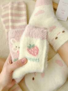 4 Pairs Autumn/Winter Cute College Girl Strawberry Mink Fur Socks, Sweet Warm Fuzzy Soft Sleeping Floor Socks - Multicolor - View 5