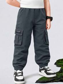 1pc Young BoyElastic Waist Cargo Pants, Suitable For Sports, Outdoor, Running - Grey - View 1