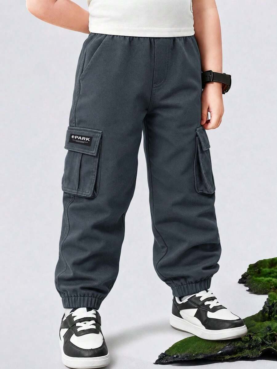 1pc Young BoyElastic Waist Cargo Pants, Suitable For Sports, Outdoor, Running - Grey - View 1