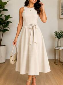 Vestido Midi Feminino Casual Elegante em Tecido Sensorial Marrant – Com Cinto, Zíper e Muito Conforto - Bege - Visão 4