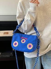 超級熱門可愛刺繡肩背斜挎帆布水桶包女款，時尚防水尼龍新款手提包手機包，女士手提包，甜甜圈設計，可拆卸肩帶，日系風格包，甜美女孩風，字母刺繡斜挎包，多色編織繩手提包，休閒旅行手機包 - 彩色 - 查看 16