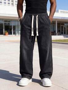 Men's Drawstring Elastic Waist Jeans, Vintage Distressed Washed Black Gray, Loose Straight Leg Fit, Suitable For Creating A Relaxed, Comfortable Daily Commute And Travel Look. - Black - View 3