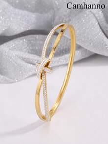 1/3Pcs 18K Gold Plated Stainless Steel Bangle Set, Knot Design Rhinestone Stackable Bracelets, Daily Wear Holiday Gift For Women - Gold - View 7