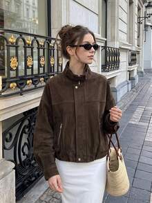 Women's Autumn Long Sleeve Suede Stand Collar Loose Jacket Fashion Style - Brown - View 9