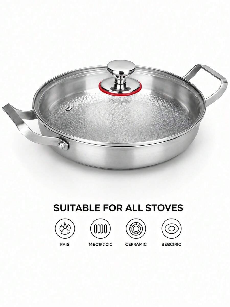 1pc Premium Stainless Steel Frying Pan With Glass Lid, Wide Double Handles Shallow Bottom Cooking Pot, Hammered Interior, Suitable For Seafood, Pasta, Stew, Frying Pan/Cookware, Kitchen Cooking Utensils, Induction Cooktop Compatible Cookware Set - View 1