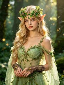Women Elf Cosplay Accessories Set, Leaf Gem Headband, Pointed Elf Ears & Vintage Lace Gloves, For Halloween Renaissance Party Dress‑Up - Multicolor - View 1