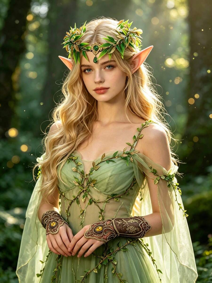 Women Elf Cosplay Accessories Set, Leaf Gem Headband, Pointed Elf Ears & Vintage Lace Gloves, For Halloween Renaissance Party Dress‑Up - Multicolor - View 1