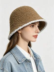 Bucket Hat, Japanese Style Face-Slimming, Black Knitted Plush Bucket Hat, Sun Protection, Face-Slimming, Bucket Hat, Versatile For Outings, Travel Essential, Travel Must-Have, Fashionable And Versatile, Matches Any Outfit, Perfect For Walking, Great For Photos, Gift For Women, Gift For Girlfriend, Gift For Best Friend, Women's Accessory, Personalized Gift, Fun Gift. - Multicolor - View 3