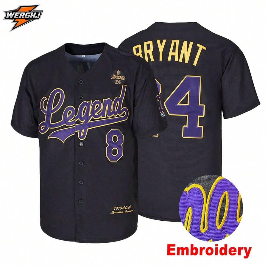 Men's Bryant 8 Forever Embroidered Baseball Jersey, Purple And Gold Colorway Fan Commemorative Baseball Uniform
