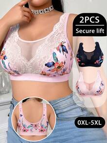 2pcs/Set Casual Comfortable Minimalist Plus Size Women's Bra, Printed Design With Lace Patchwork, Wireless Soft Comfortable Lingerie - Multicolor - View 4