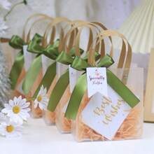 1/5/10pcs Premium Frosted Clear PP Tote Bag, High-Quality, L/M, Thickened Hand-Held Bags, Green Satin Ribbon, Raffia And 'Thank You' Tag, For Valentine's Day, Thanksgiving, Birthdays, Halloween, Christmas, Wedding Bridesmaid Gift Bags - Multicolor - View 5