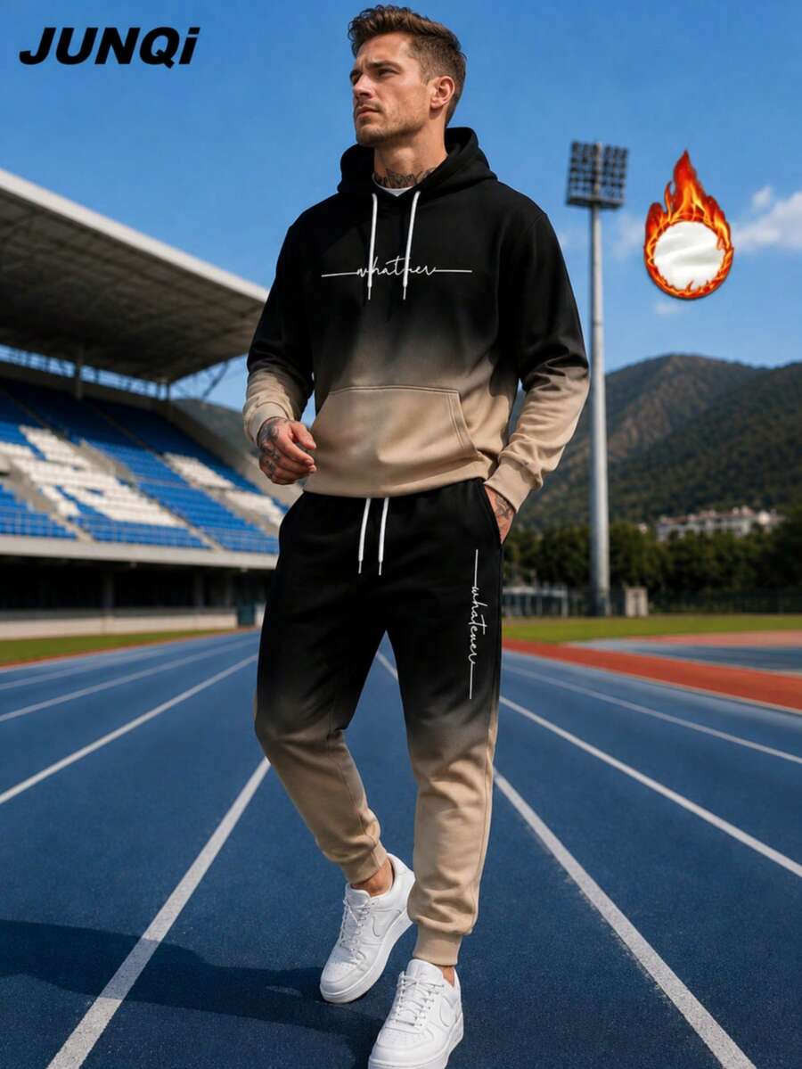 JUNQi Men's Gradient Long Sleeve Sweatshirt & Jogger Pants 2-Piece Set, Letter Print Casual Sports Outfit - Multicolor - View 1