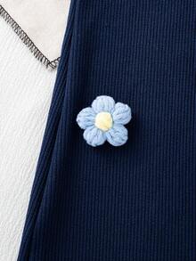 Girls' Casual Fashion Solid Color Striped Patchwork 3D Flower Embroidered Long Sleeve Top And Flared Pants 2-Piece Set For Spring And Autumn - Navy Blue - View 4