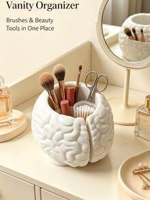 Novelty Brain‑Shaped Makeup Brush Holder, Creative Dual‑Grid Desktop Pen Cup, Vanity Cosmetic Eyebrow Brush Storage Box, Fun Halloween Decor Ornament, Office Stationery Sundries Organizer Bucket - Multicolor - View 6