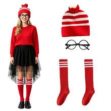 3pcs Party Dress‑Up Kit, Red White Striped Knit Hat, Black Round, Knee High Socks, Halloween Carnival Book Day Cosplay Accessories For Men Women,Halloween - Multicolor - View 11