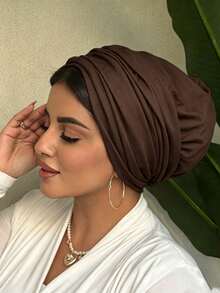 1pc Women's Classic Minimalist Solid Color Chemotherapy Turban Beanie, High Elasticity Full Pleated Design, Non-Slip, Sweat-Absorbent, Breathable, Multi-Layer Pleated Headwrap, Makes Head Look Full, Perfect Match With Hijab, Comfortable Soft Modal Skin-Friendly Premium Knit Fabric, Suitable For Daily Wear - Chocolate Brown - View 3