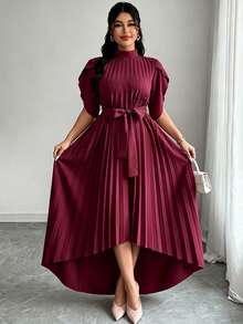 Elegant Plus Size Burgundy Dress, Short Petal Sleeves, Stand Collar, Pleated Asymmetric Hem, Perfect Choice For Autumn - Burgundy - View 2