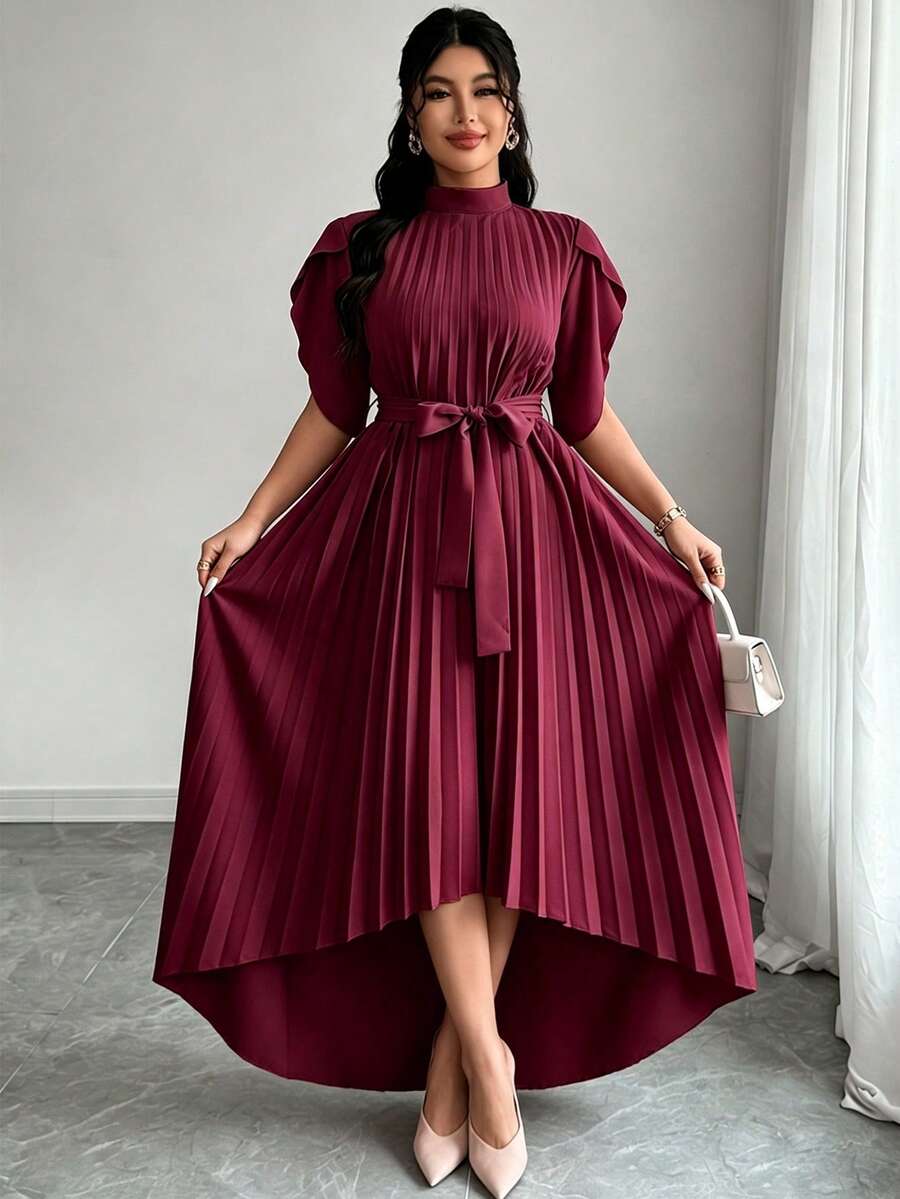 Elegant Plus Size Burgundy Dress, Short Petal Sleeves, Stand Collar, Pleated Asymmetric Hem, Perfect Choice For Autumn