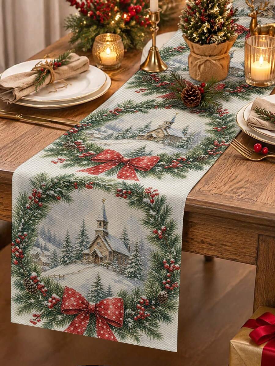 聖誕桌巾、抱枕、餐墊,冬季雪景教堂松枝花環紅色波點蝴蝶結印花,復古鄉村風,節日廚房餐廳桌面裝飾 - 彩色 - 查看 1