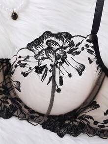 Elegant Black Sheer Floral Embroidery Lingerie Set,Underwire See-Through Bra With Adjustable Straps,Matching Mesh Panties - Black - View 4