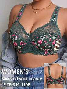 Sujetador sexy de encaje con patchwork y estampado floral para mujer talla grande, sin aros, casual, cómodo, diseño de espalda fina para deportes - Verde Oliva - Ver 5