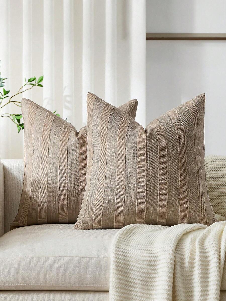 1pc/2pcs Light Brown 3D Striped Throw Pillow Cover (Pillow Insert Not Included), Modern Fashionable Soft Chenille And Faux Linen Blended Dual-Tone Striped Comfortable Cushion Cover, Suitable For Home Sofa, Bedroom, Decor, All Seasons