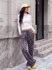 Women's Gold Velvet Loose Straight Leg Pants With Side Woven Tape Leopard Print Long Pants For Daily Casual Commute Running Workout Dating Work With Pockets Contrast Color - Black - View 5