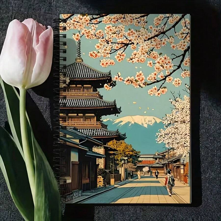 日式櫻花與古寺藝術 A5 黑色螺旋筆記本,50 張 100 頁,學生課堂筆記、辦公會議記錄、便攜式計畫本與日記本 - 一本(50張100頁) - 查看 1
