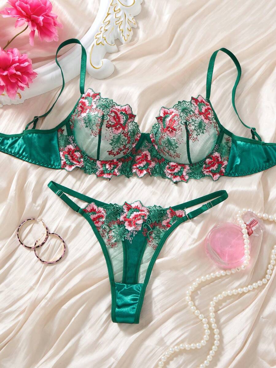 1套2件組女性萬聖節服裝,皇家藍透視蕾絲內衣套裝,適合浪漫約會與特殊場合 - 綠色 - 查看 1
