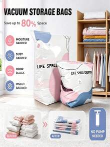 1pc Large Capacity Vacuum Storage Bag, Pink Colorblock Reusable Compression Storage Bag With Zipper Seal And Air Valve, Space-Saving For Clothes, Blankets, Bedding, Bed Linens, Suitable For Closet, Bedroom, Dorm, Moving, Travel And Back To School Season - Multicolor - View 3