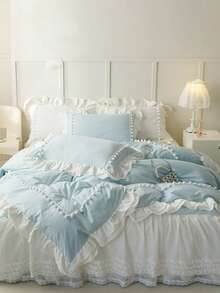 3pcs Skin-Friendly Soft Comfortable Light Blue Pom Pom Lace Double Layer Ruffle Bedding Set (1*Duvet Cover+2*Pillowcases, No Fillers), French Country Style, Lady Style, Girly Style, Bohemian Rural Style, Suitable For Bedroom, Guest Room, Boys And Girls Bedding, Machine Washable, All Season Use - Baby Blue - View 7