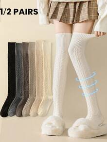 1/2 Pairs Women's Over-The-Knee Socks With Cable Knit Embossed Pattern Design, Wool Blend Thigh-High Socks, Fashionable Versatile High Socks For Autumn/Winter Daily Wear - Multicolor - View 1