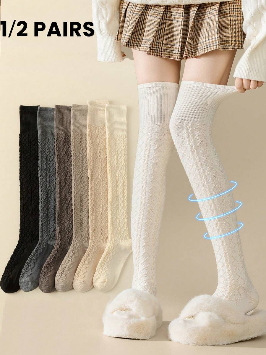 1/2 Pairs Women's Over-The-Knee Socks With Cable Knit Embossed Pattern Design, Wool Blend Thigh-High Socks, Fashionable Versatile High Socks For Autumn/Winter Daily Wear - Multicolor - View 1