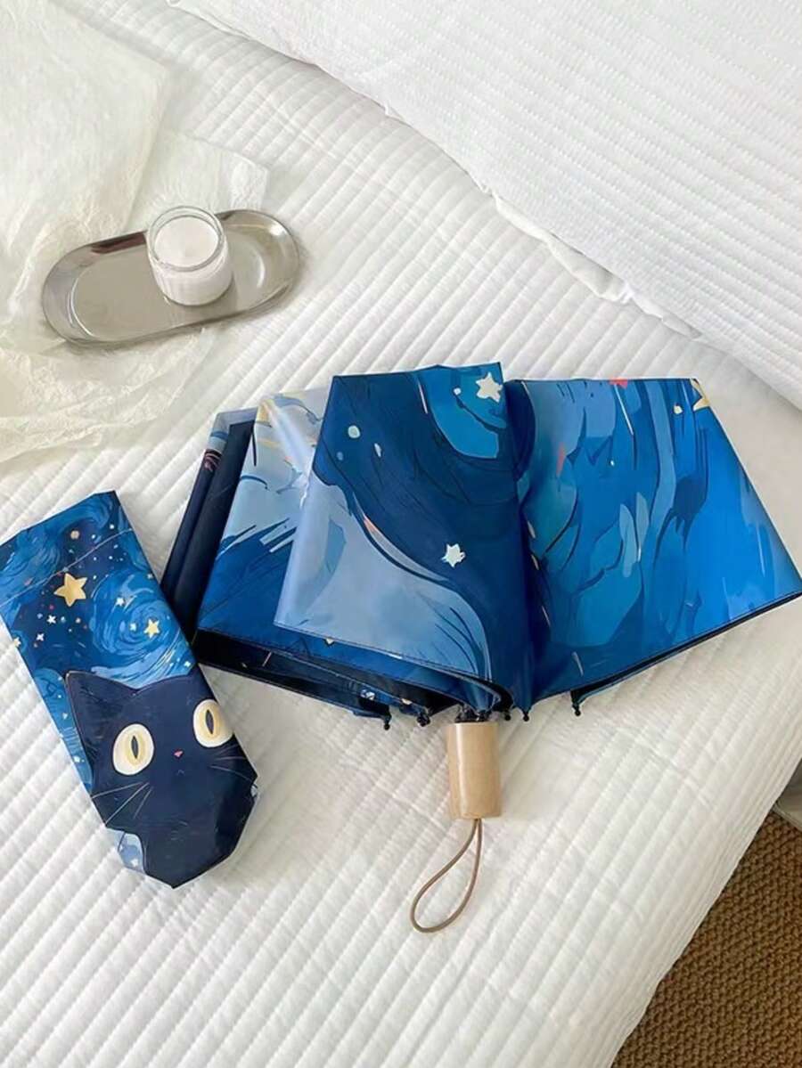 Van Gogh Cat Manual Fashion Black Vinyl UV Protection Sunproof Umbrella, Portable Dual-Use For Sunny And Rainy Days, Suitable For Outdoor Travel - Van Gogh Cat Manual - View 1
