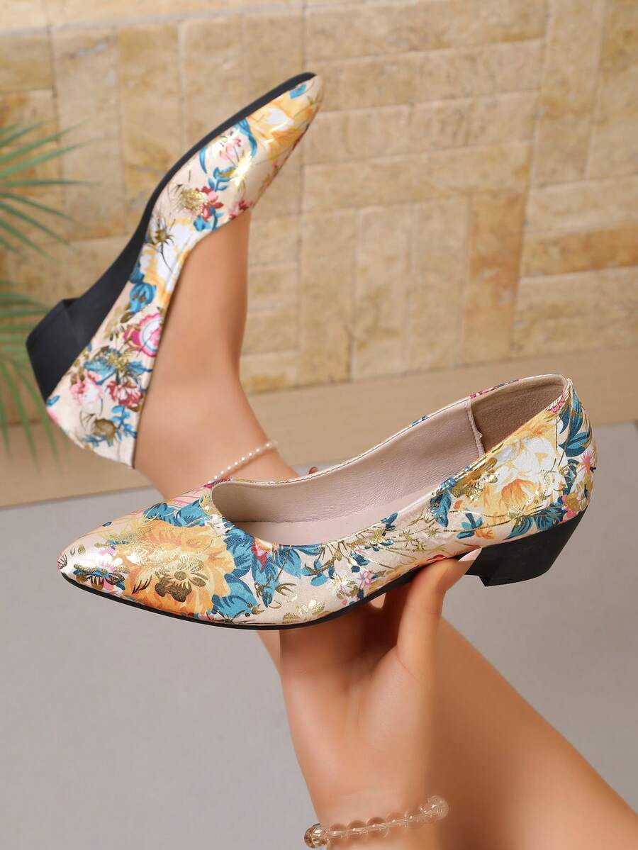 1 Pair Women's Slip-On Wedge Heels, Pointed Toe Floral Print Daily Wear High Heels - Yellow - View 1