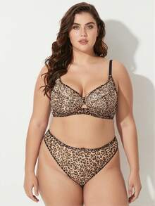 Rosiemei 1pc Set Women Plus Size Solid Leopard Print Seamless Lingerie Bra And Panty Set, Lift - Multicolor - View 2